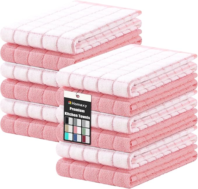 Homaxy Premium Cotton Kitchen Towels 16"x 28", Large Natural Ring Spun 390 GSM Dish Towels, Super Absorbent Terry Kitchen Hand Towels, Soft Tea Towels with Hanging Loop, Pink Check Design, 12 Pack