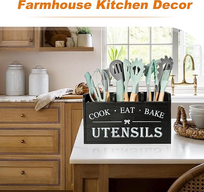 Wooden Kitchen Utensil Holder with 3 Compartments, Utensil Storage Organizer for Kitchen Counter, Farmhouse Decor & Rustic Cooking Tools Storage(Black)