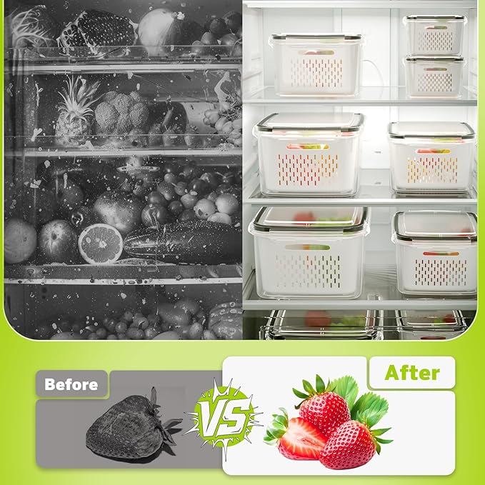 HOMETALL 5 Pack Fruit Storage Containers for Fridge, Plastic Fruit Containers for Fridge with Removable Colanders, Leakproof Fridge Organizers and Storage for Berry Vegetable Salad Lettuce Meat Food