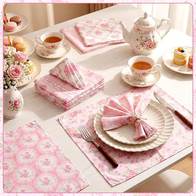 Floral Cloth Napkins 6 Patterns Washable Dinner Tea Party Napkins Reusable Plant Flowers Square Napkin Cotton Towel Decorative for Spring Wildflower Party(Pink Flowers,24 Pcs)