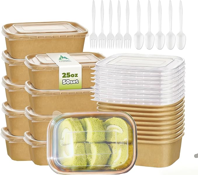 Kaderron 50 Pack 25 OZ Large Paper Bowls with Lids【with Spoons and Forks】, Heavy Duty Disposable Meal Prep Containers for Party, Disposable Bowls Bulk Soak-Proof and Microwave Safe for Hot/Cold Use