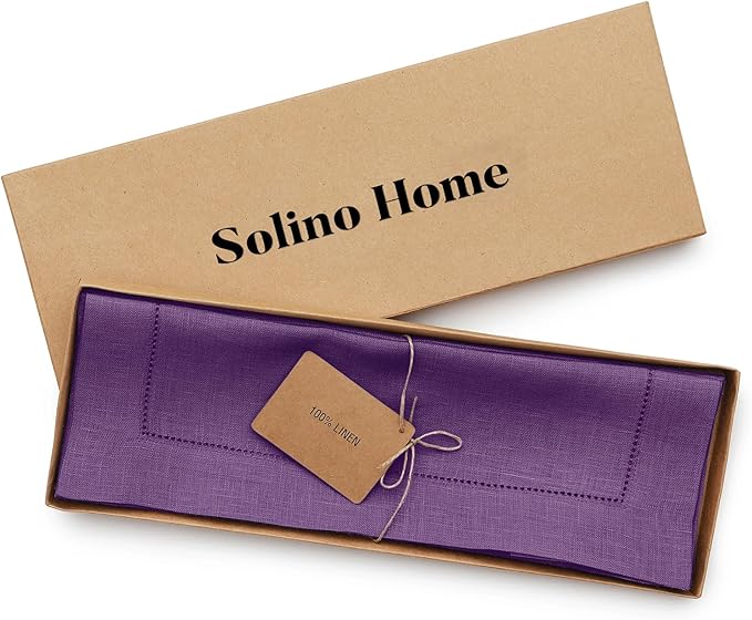 Solino Home Linen Cloth Placemats Set of 6-100% Pure Linen Hemstitch Purple Placemats 14 x 19 Inch - Classic Hemstitch Table Place Mats for Mothers Day, Spring, Summer