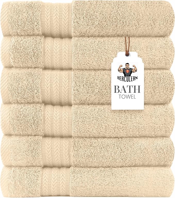 HERCULEAN Large Bath Towels 24 x 50 Pack of 6 | Quick Dry and Highly Absorbent | 100% Cotton Terry Towels for Bathroom - Perfect for Shower - Pool and Spa - Luxury Soft Towels - Beige