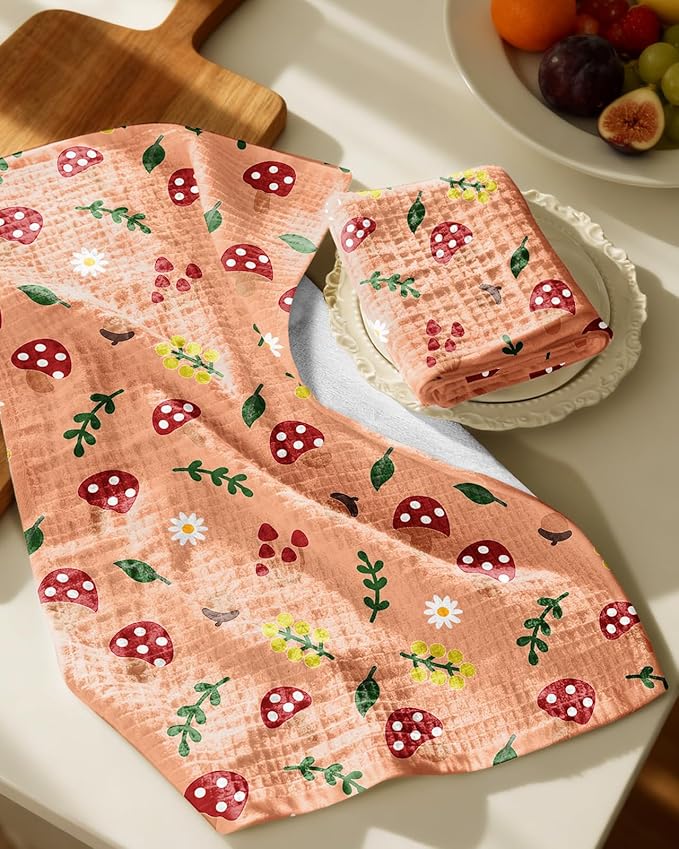Miss Adola Cotton Waffle Kitchen Towels – Cute 370 GSM 16x25 Inch Terry Cloth Waffle Decorative Dishcloth for Kitchen Set of 2 with Hanging Loop Absorbent Hand Tea Towel for Home Design, Mushroom
