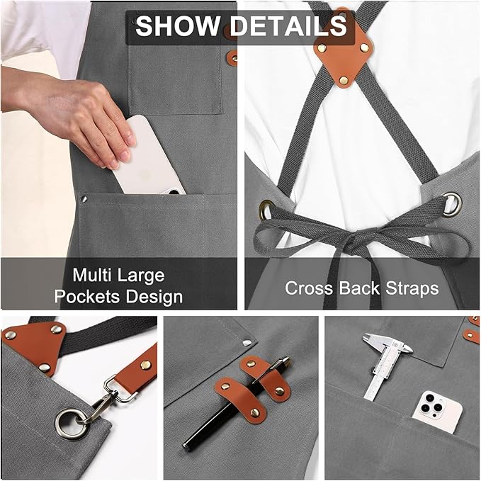 ZOMAO Chef Apron for Women Men with Large Pockets, Cotton Canvas Cross Back Waterproof Work Aprons for Kitchen Cooking Bib