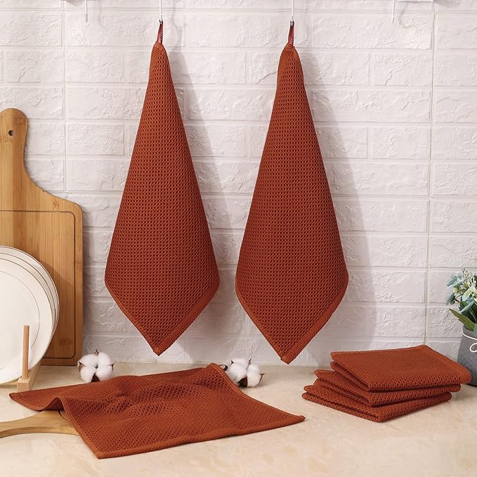 Kitinjoy 100% Cotton Kitchen Dish Cloths (12 X 12 Inches, Rust), 6 Pack Waffle Weave Ultra Soft Absorbent Dish Towels for Drying Dishes Quick Drying Kitchen Towels Dish Rags