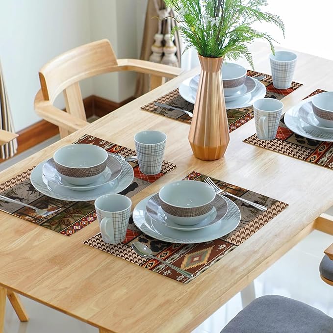 Rustic Lodge Bear Deer Placemats Set of 4, 12x18 Inch Vintage Cabin Pine Cone Wild Animal Place Mats Boho Style Country Heat Resistant Table Mats for Holiday Party Kitchen Dining Table
