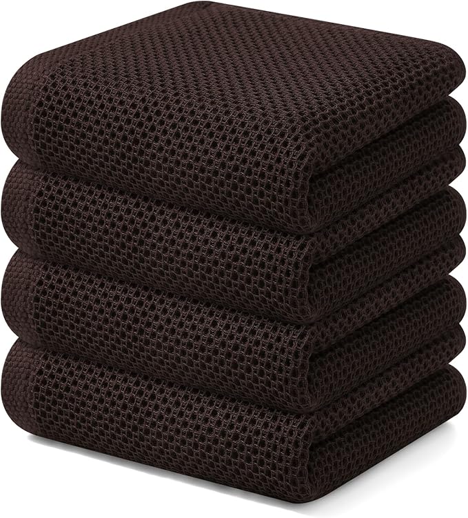 Kitinjoy 100% Cotton Waffle Weave Kitchen Hand Towels (13 X 28 Inches, Dark Brown), 4-Pack Super Soft and Absorbent Dish Towel for Drying Dishes