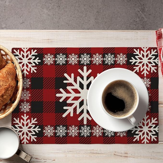 Christmas Placemats Set of 4 Vintage Red Black Buffalo Plaid Snowflake Decor Place Mats 12x18 Inch Xmas Winter Holiday Decorative Linen Table Mats for Home Kitchen Dining Party Table Decoration