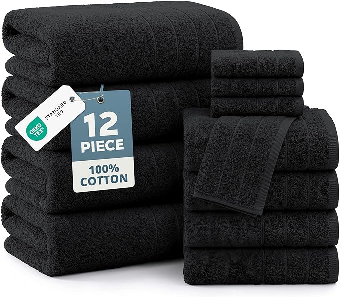 CASA PLATINO 100% Cotton Towel Set for Bathroom - 12 Piece - Super Soft, Hotel Quality - 4 Bath, 4 Wash Cloths, 4 Hand Towels for Bathroom - Classic, Best Value Pack, Ideal for Spa & Daily Use - Black