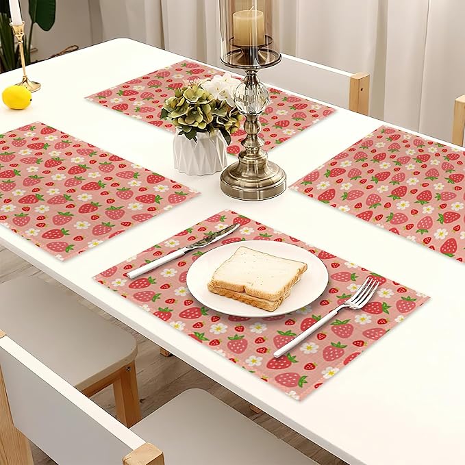 Red Strawberry Placemats for Dining Table Set of 6,Cute Flowers Place Mats for Home Party Kitchen Indoor Holiday Rustic Washable Heat Resistant Table Mats 12 x 18 Inch