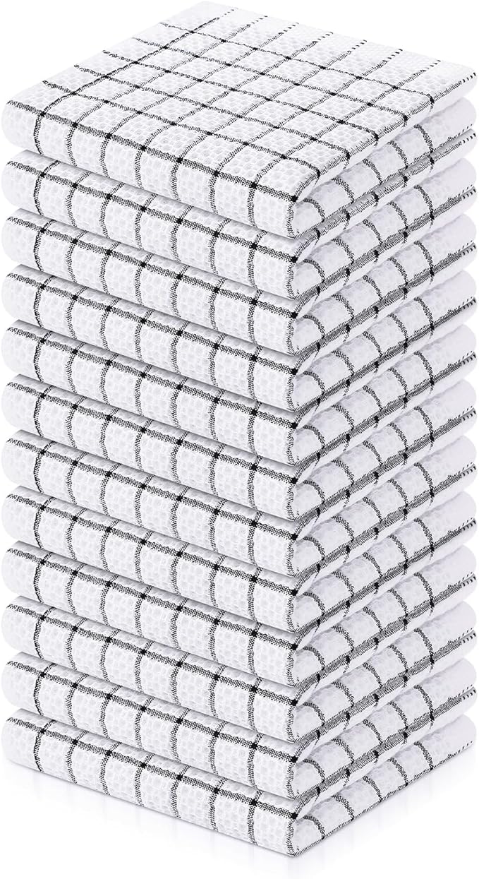 Homaxy 100% Cotton Dish Cloths, 12 Pack-12 X 12 Inches, Check Design Waffle Weave Dish Rags for Washing Dishes, Ultra Absorbent and Fast Drying Dishcloths, Black