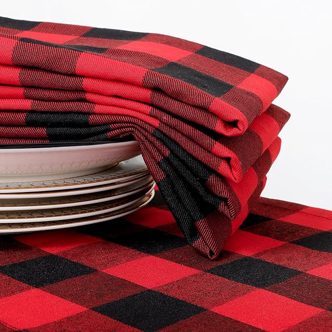 Set of 4 Reusable Cloth Napkins - Buffalo Plaid Red/Black 20x20 Inch, Christmas Dinner, Restaurant & Family Table Linens (4-Pack)