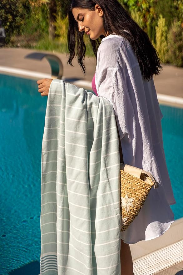 SOFE H&L | LINVIA Foutah Quick Dry Beach Towel Pack of 1 (35” x 70”) Basic - Mint | Lightweight, Premium, Fade Resistant, Durable | Travel Towel, Turkish Beach Towel with Shoulder Strap