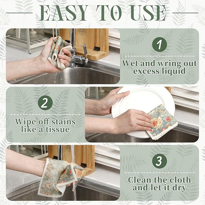 Tegeme 8 Pcs Sage Green Swedish Dishcloth Kitchen Spring Greenery Flowers Swedish Dish Towel Absorbent Cotton Reusable Kitchen Towels for Home Party Housewarming Cleaning Counter Wipes, 6.8 x 7.7''