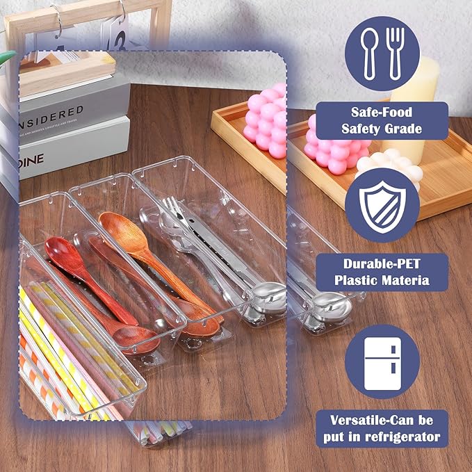 MAQUITA 12 Pcs Vanity Drawer Organizer 9 x 3 x 2 Inches Clear Plastic Utensil Organizers Kitchen Drawers Dividers for Office Desk Silverware Kitchen Utensils Cosmetics and Bathrooms(Clear)