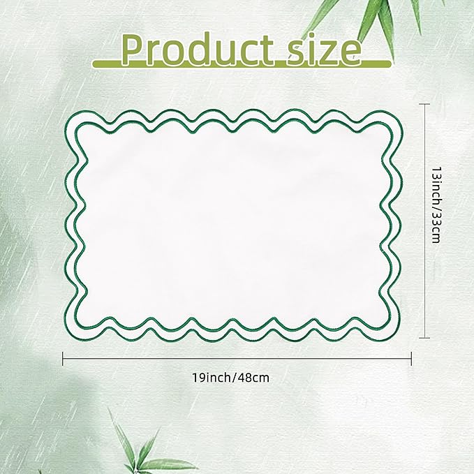 Set of 6 Cotton Linen Placemats, 13''x 19'' Wavy Embroidery Scalloped Placemats Washable Rustic Dinner Waterproof Table Mats (Green)