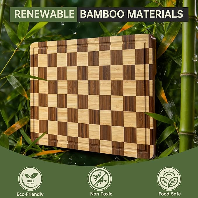 THETCHRY Checkered Bamboo Cutting Board, Thick End-Grain Wood Cutting Boards for the Kitchen, Chopping Boards with Juice Groove, Non-Slip, Durable & Crack-Resistant, Perfect Gifts 16.5” x 11.6” x 0.8”