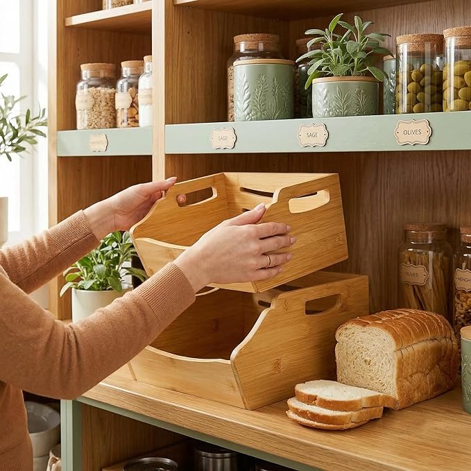 Cididu 2 Pack Bamboo Stackable Storage Bin, Countertop Open Front Stacking Bins, 2 Tier Organize Basket Box with Handle, Food Fruit Container for Cabinet, Kitchen, Studio, Office