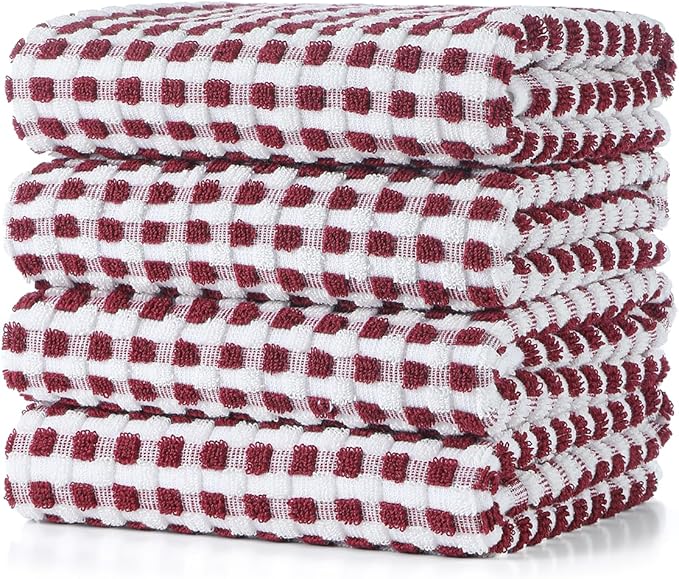 SALAS Cotton Dish Towels Cloths for Kitchen Drying Dishes, Lattice Terry Kitchen Towels, Highly Absorbent Kitchen Cloths with Hanging Loop, 16‘’ x 26‘’,4 Packs, Wine Red