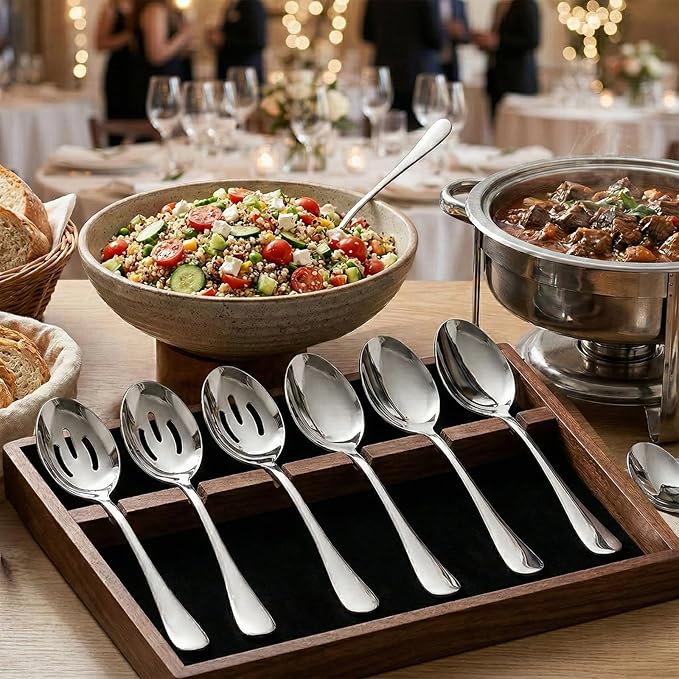 6PCS 10in Large Stainless Steel Serving Spoons Set, Includes 3 Serving Spoons and 3 Slotted Spoon, Large Servings Spoon Set for Catering Buffet, Mirror Polished, Dishwasher Safe