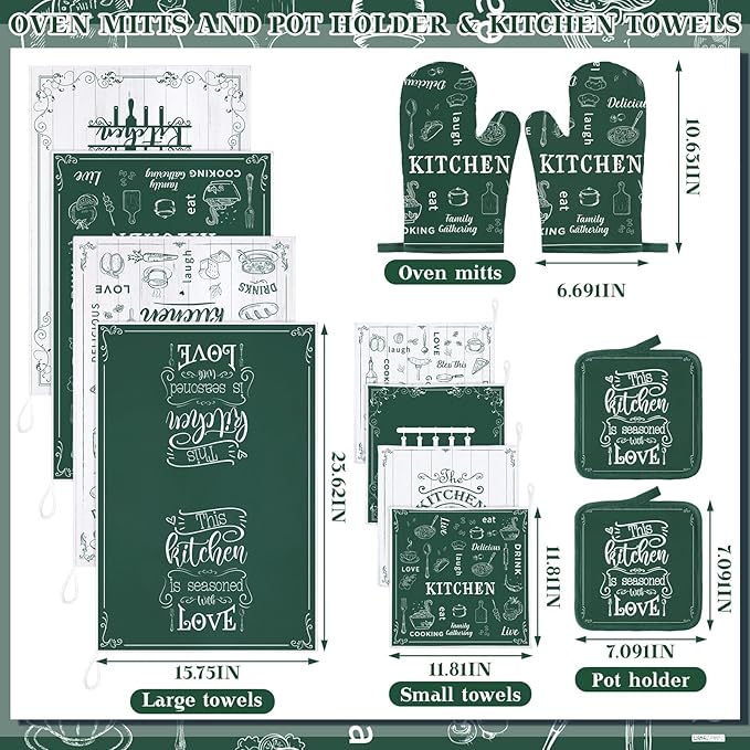 12 Pcs Farmhouse Kitchen Decor and Accessories Sets 4 Green Kitchen Towels 4 Absorbent Dishcloths 2 Pot Holders 2 Oven Mitts Gloves for Home Decorations Mom Gifts