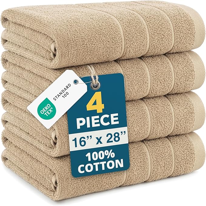 Casa Platino Bathroom Hand Towels - 4 Pack (16"x28"), 100% Ringspun Cotton Hand Towel Set - Soft, Lightweight, Fade & Shrink Resistant - Everyday Use, Face Towels for Bathroom, Gym and Travel - Taupe