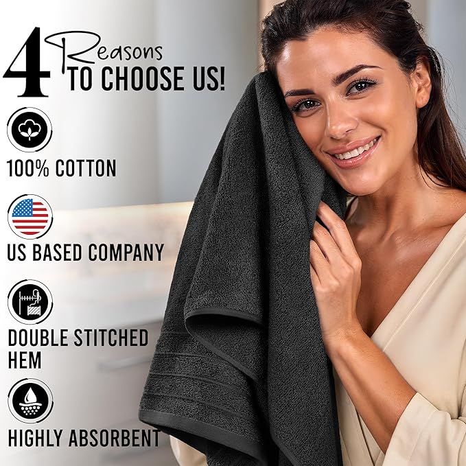 RIVERSIDE Pack of 4 Premium Extra Large Bath Towels 30 x 60 Inches, 100% Cotton, Super Soft & Highly Absorbent, Larger & Lighter Weight, Quicker to Dry, Perfect for Bathroom, Black