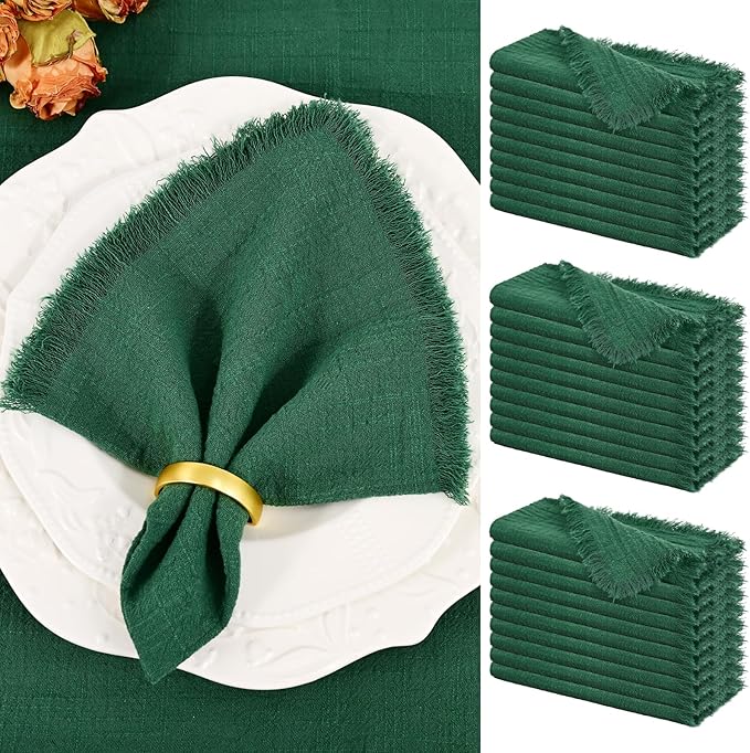 Showgeous 30 Pack Emerald Green Cloth Napkins with Fringe 16x16 inch 100% Cotton Green Napkins Handmade Dinner Napkins Bulk Washable Soft Rustic Table Napkins for Wedding Parties Bridal Baby Shower