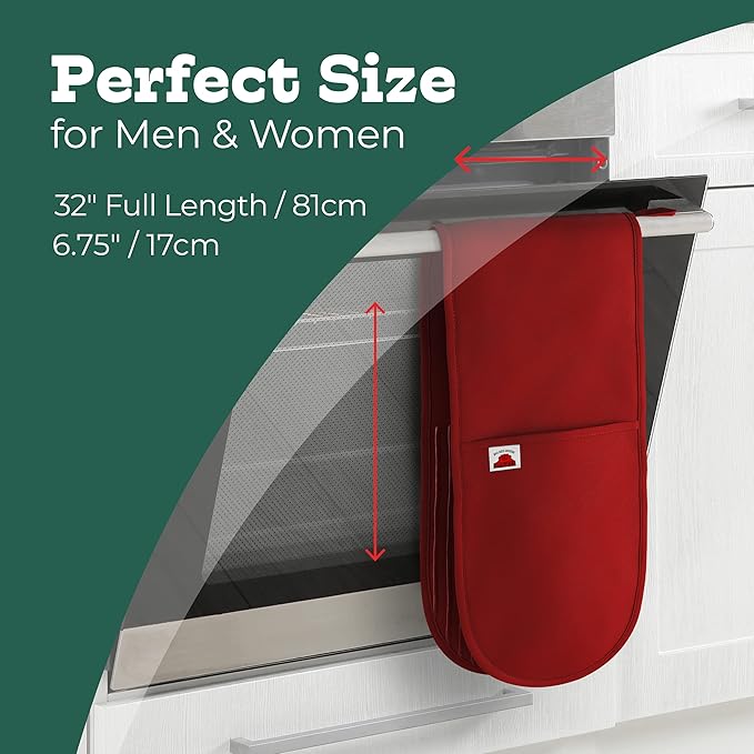 Big Red House Red Double Oven Mitt Kitchen Protection - Pack of 1-32" Long - Heat Resistant Cotton Professional Grade with Terrycloth Lining