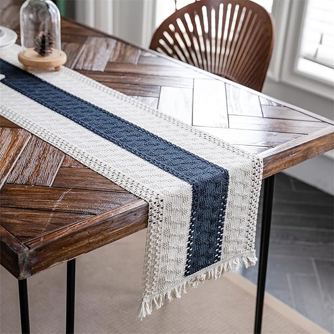Alynsehom Macrame Table Runner Cream Beige and Blue Boho Table Runners with Tassels Hand Woven Cotton Table Runner Rustic Farmhouse Table Runners for Bohemian Kitchen Dining Table(12x48in)