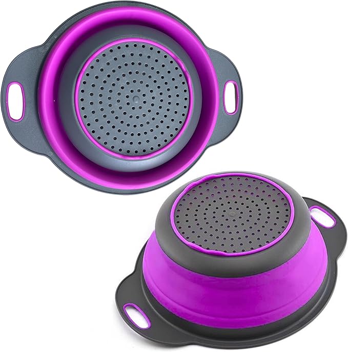 Purple Foldable Food Strainer for Kitchen - Small Collapsible Colander for Spaghetti and Pasta Multifunctional Silicone Strainer for Camping