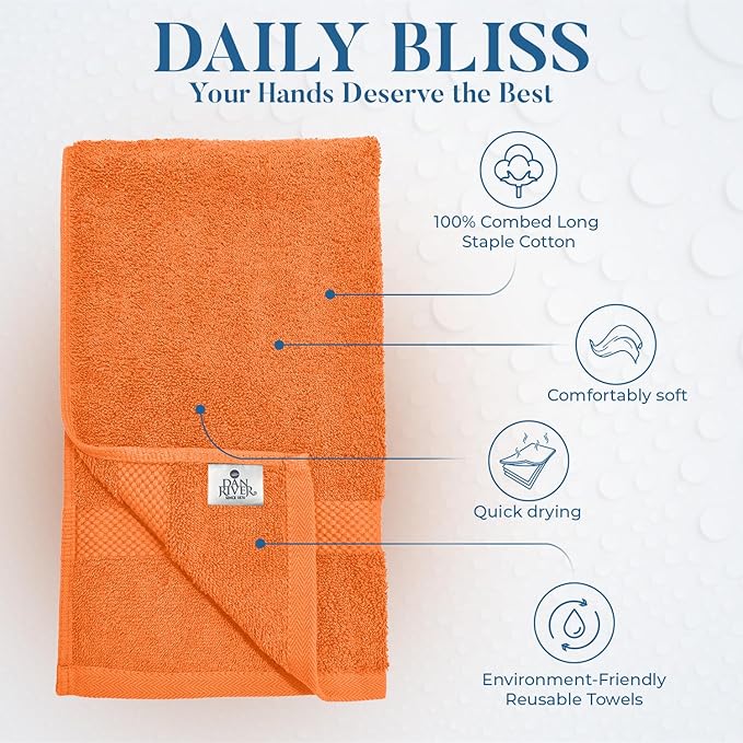 DAN RIVER 6-Pack Premium Hand Towels (16x28 Inches) - 100% Cotton, Ultra Soft, Lightweight, Highly Absorbent Towels for Bathroom, Spa, Gym, Salon, Hotel, and Travel - Orange