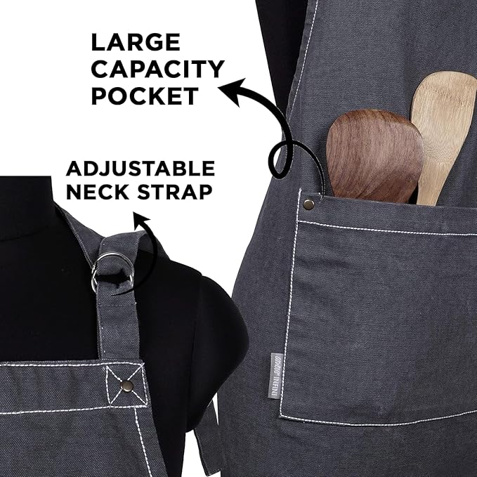 AMOUR INFINI Cotton Solid Aprons for Women with Pocket, Adjustable Strap and Waist Ties Washed Chef Aprons for Cooking, Baking and Gardening (27.5 x 33 Inches - Gray)