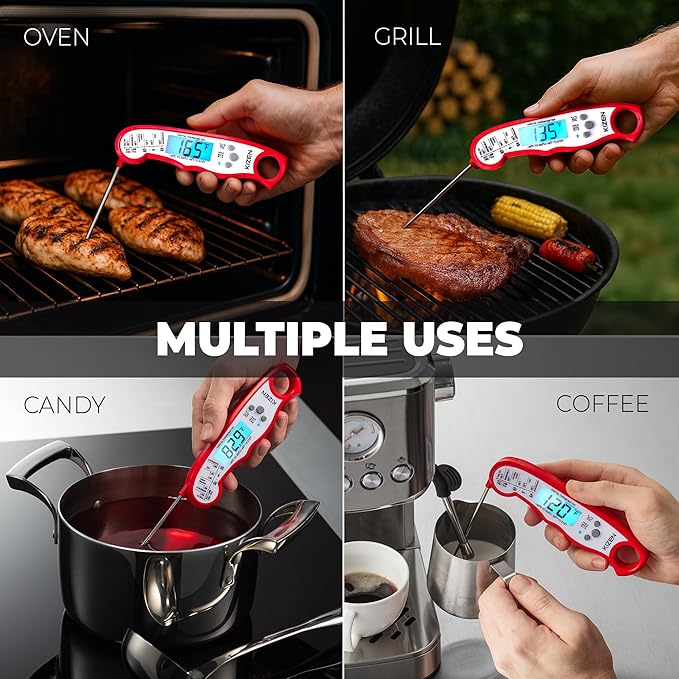KIZEN Instant Read Meat Thermometer Digital - Food Thermometer for Cooking, Grill, Oven, BBQ - IP67 Rated Waterproof - Large Backlit Display and Magnetic Back