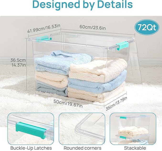 Vtopmart 2 Pack 72 QT Crystal Clear Storage Bins with Lids, 4 Pack Stackable Plastic Large Latching Boxes Totes Tubs Container for Closet Organizers and Storage, Bedroom, Clothes, Bedding