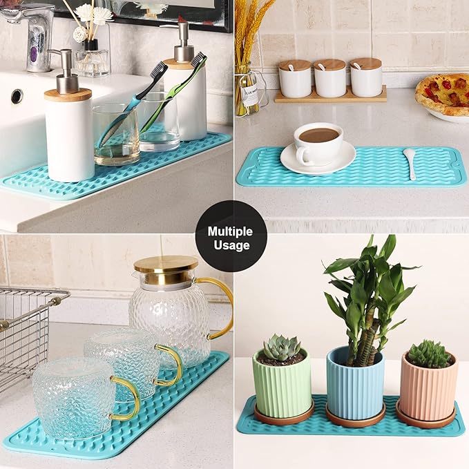 ZLR Silicone Sponge Holder & Sink Caddy Tray (6" x 17") - Narrow Dish Drying Mat for Kitchen Counter - Waterproof Soap Dispenser Organizer, Non-Slip Bathroom Vanity Tray (Mint Green)