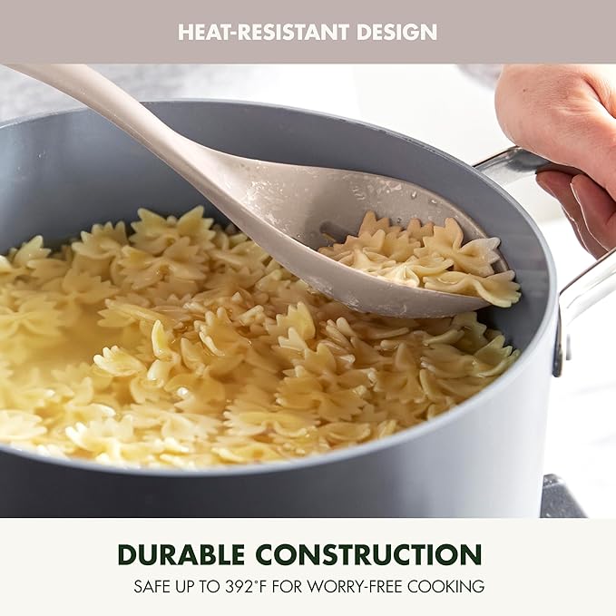 GreenPan Silicone Slotted Spoon, Cooking Kitchen Utensil, Mixing Stirring Serving, Flexible Rubber Nonstick Cookware, Rigid Steel Core Heat-Resistant, Anti-Slip Handle, BPA-Free Dishwasher Safe, Taupe