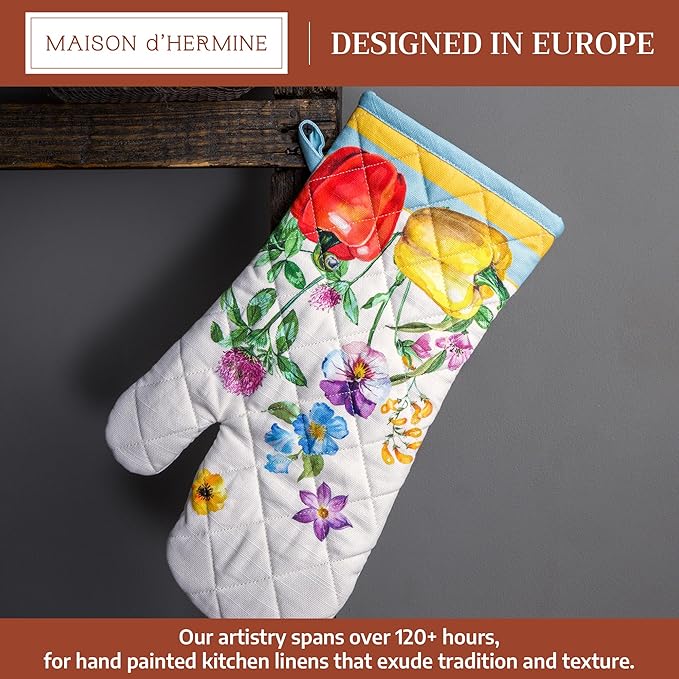 Maison d' Hermine Oven Mitts 100% Cotton Oven Mitt (7.5inch X13'') Easter Heat Resistant Oven Mitt BBQ Cooking Gloves with Loop for Baking, Grilling, Home, Handling Hot Pans, Giverny - Spring/Summer