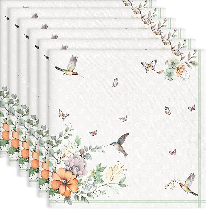 Spring Summer Flower Bird Napkins, 18×18 Inch Dinner Cloth Napkins Set of 6, Washable Cotton Soft Absorbent Square Table Top Decoration for Dining Kitchen Party Wedding