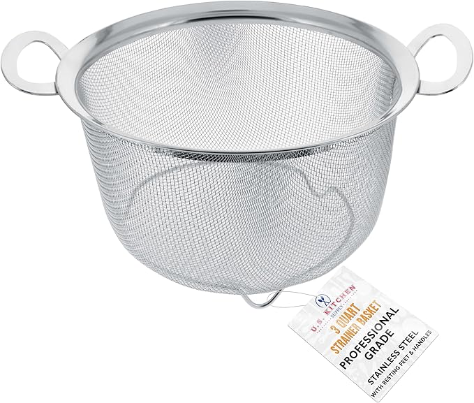 U.S. Kitchen Supply Stainless Steel Colander Strainer Basket - 3-Quart Colander with Resting Feet & Handles - Wide Rim Sieve, Stainless Steel Strainers and Colanders for Kitchen