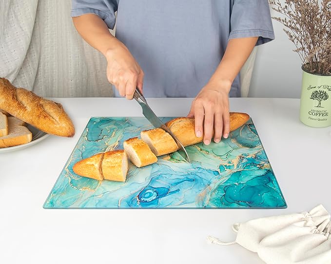 Kitchenville Glass Cutting Board 16"x12": Tempered Glass Kitchen Counter Protector - Durable- Scratch-Resistant, Heat-Proof - Design 9 - Teal Ocean