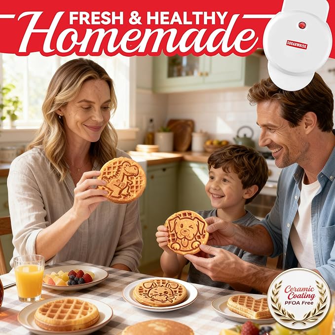 SugarWhisk 6-in-1 Mini Waffle Maker With Removable Plates, 4.5'' Mini Waffle Iron for Holidays, Parties & Events Waffle Maker Machine, 8 Plates with Premium Ceramic Coating, White