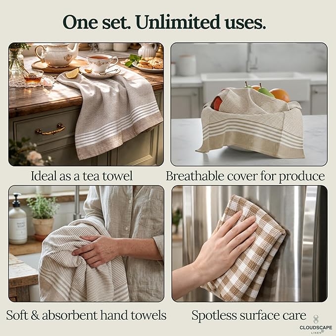 Cloud Scape Linen Premium Cotton Kitchen Towels Set - 6 Pack : Quick-Drying, Highly Absorbent, Durable, 18”x28”, Stripe Hand Towels with Hanging Loop, Dish Towel for Cleaning & Drying Dishes- Beige