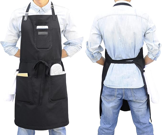 Black Cotton Kitchen Apron, Mens Womens Professional Cooking Bib Apron for Chef Grill BBQ, with Pockets Towel Loop and Adjustable Neck Strap