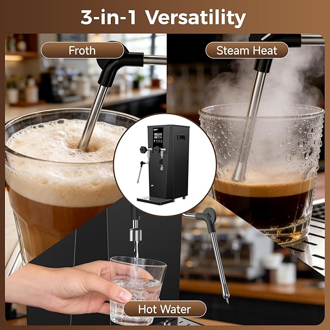 Commercial Steam Milk Frother,1.6Bar Fast Frothing in 15s,2000W 8L Boiler for Continuous Use, Temp Probe, Triple Safety, 3-in-1 Hot Water & Steam with LED Display for Coffee Shops& Restaurant