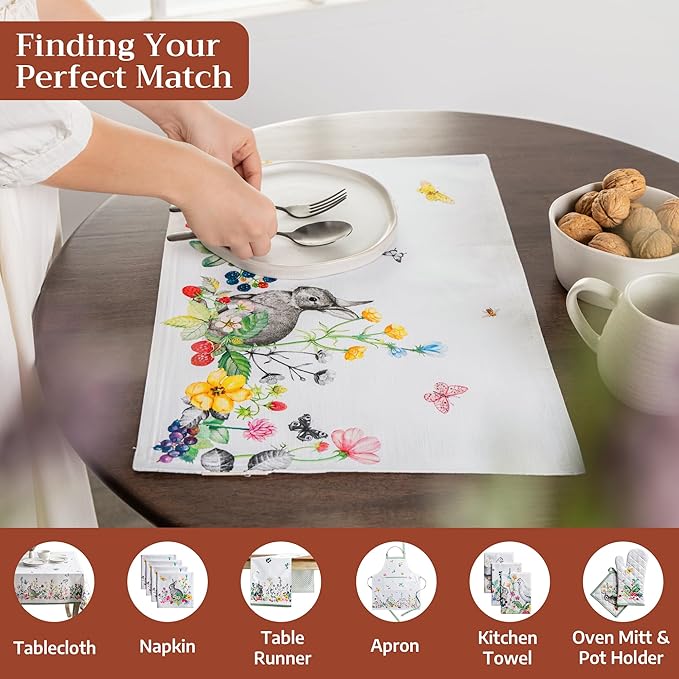 Maison d' Hermine Placemats Set of 4 100% Cotton Washable Cloth Place Mats Reusable Table Mats for Kitchen Dining Party Wedding Gifts for Mothers Day Spring/Summer (Printemps, 13" x 19")