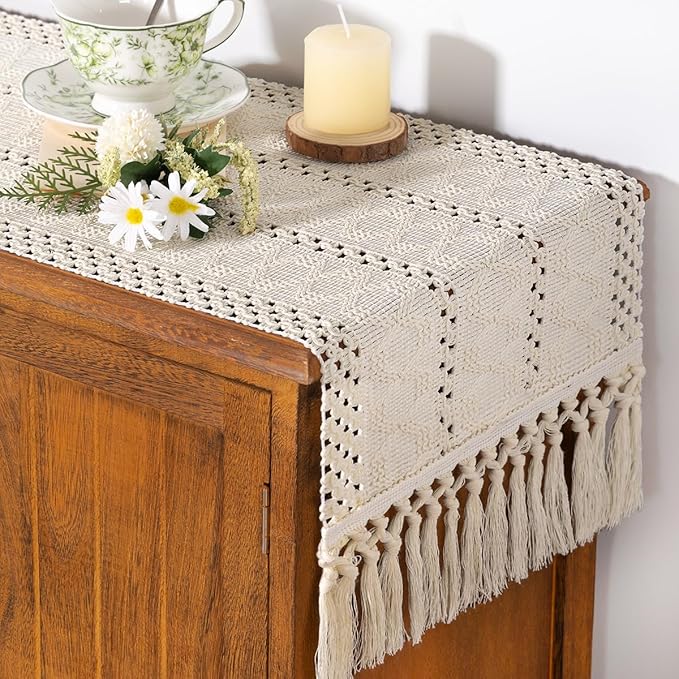 Socomi Boho Table Runner Easter Spring Farmhouse Rustic Dining Kitchen Centerpiece Decor Small Macrame Woven Cotton Linen Coffee Table Runner for Dresser Scarf Home Decor 12x72 inch Beige