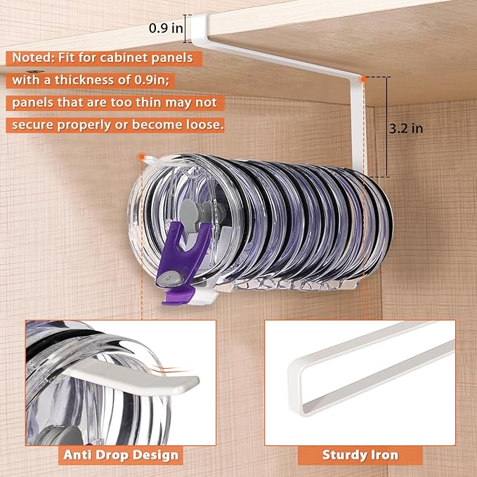 Tumbler Lid Organizer, Horizontal Tumbler Lid Storage Hook Up to 10 Lids, Space Saving Cup Lid Holders Under Cabinet Tumbler Lid Hook for Kitchen Organizer and Storage, Paper Towel Rack Hanger (White)