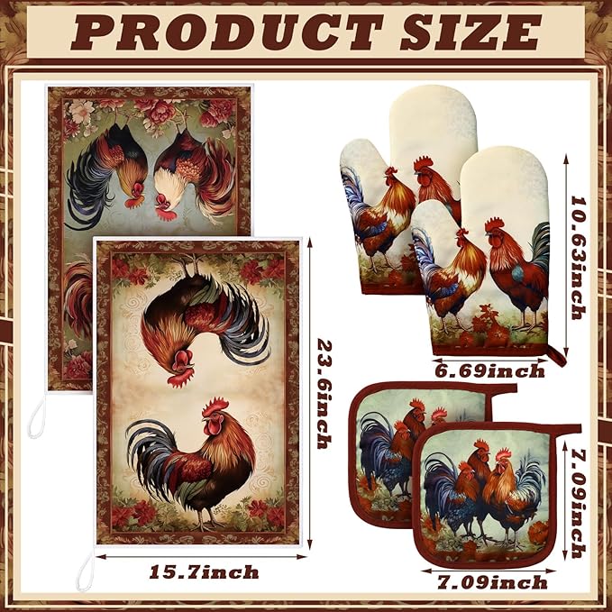 Bencailor 6 Pcs Spring Kitchen Decor Sunflower Pot Holders and Oven Mitts Sets Yellow Kitchen Towel 2 Farmhouse Cooking Mittens for Cooking Grilling Supply Accessories(Red,Retro Rooster)